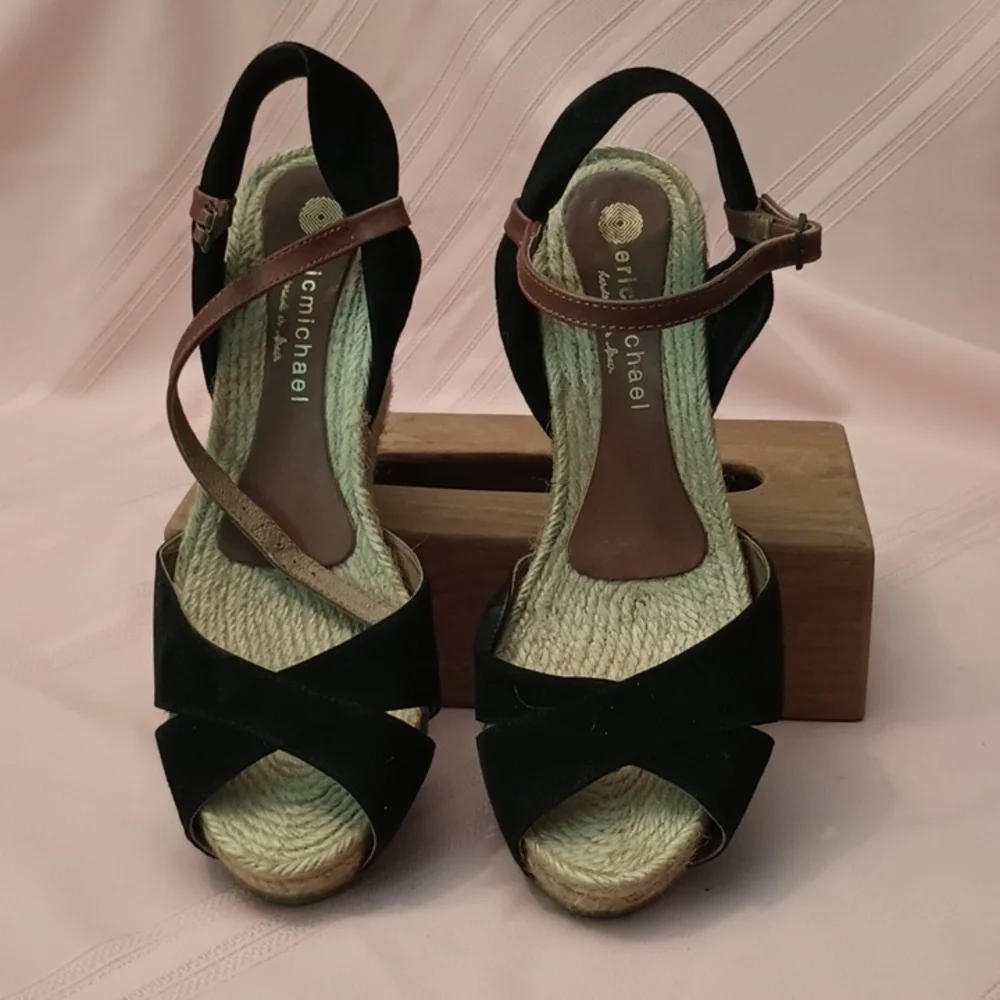 Eric Michael BlK Suede Espadrille with Brown Foot Strap Size 9